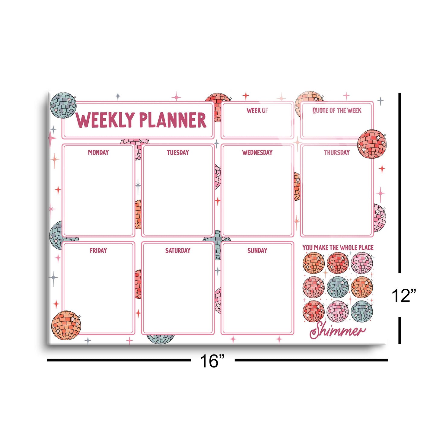 12x16 Glass Dry Erase Horizontal-Weekly Planner Disco Balls