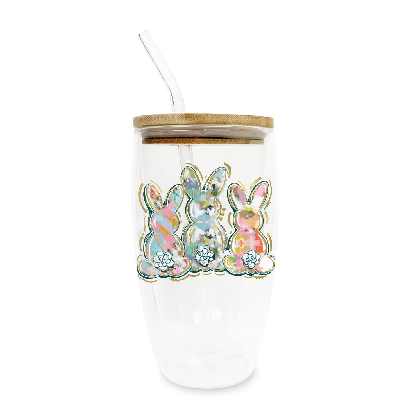 16oz Double Insulated Glass Tumbler-Painted Bunny Trio