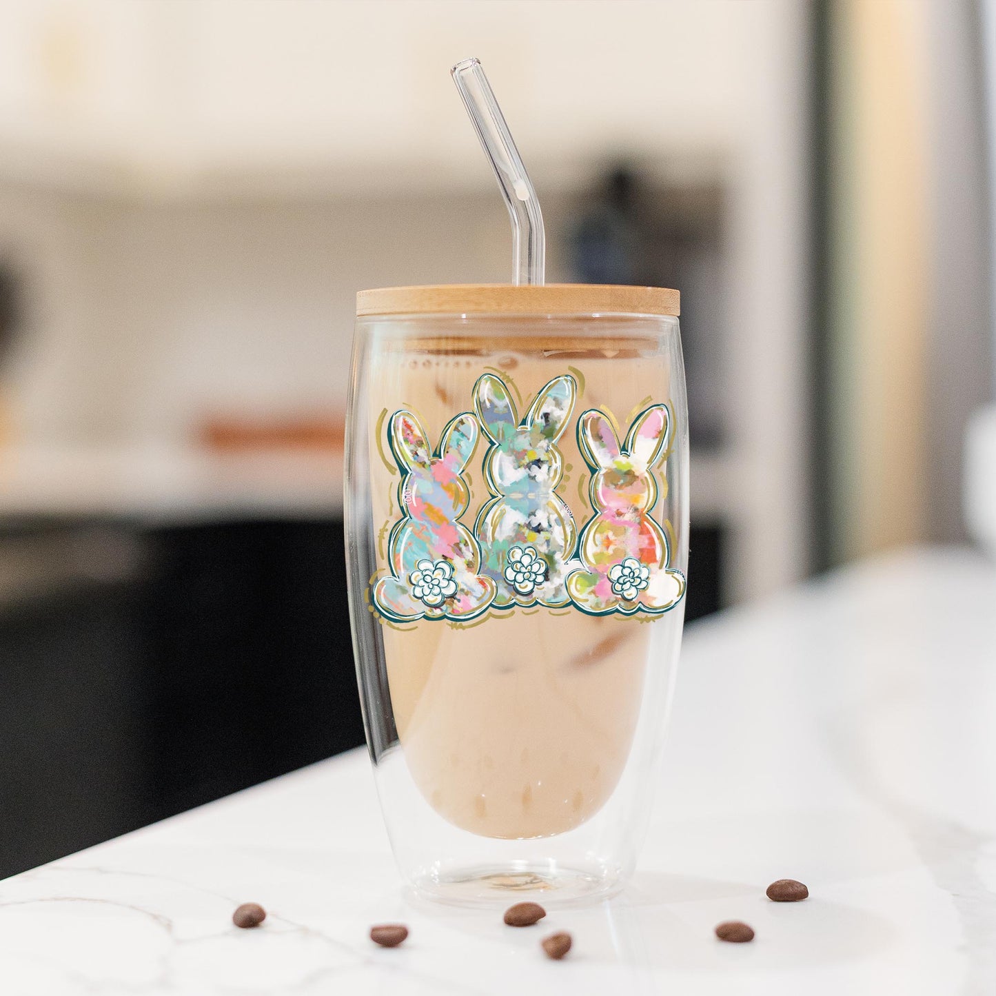 16oz Double Insulated Glass Tumbler-Painted Bunny Trio