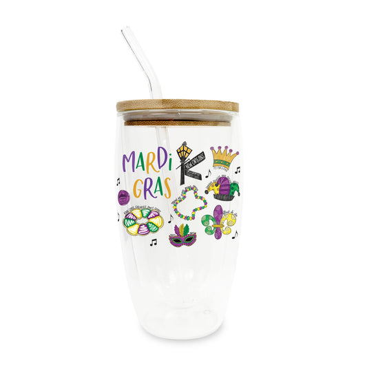 16oz Double Insulated Glass Tumbler-Mardi Gras Icons