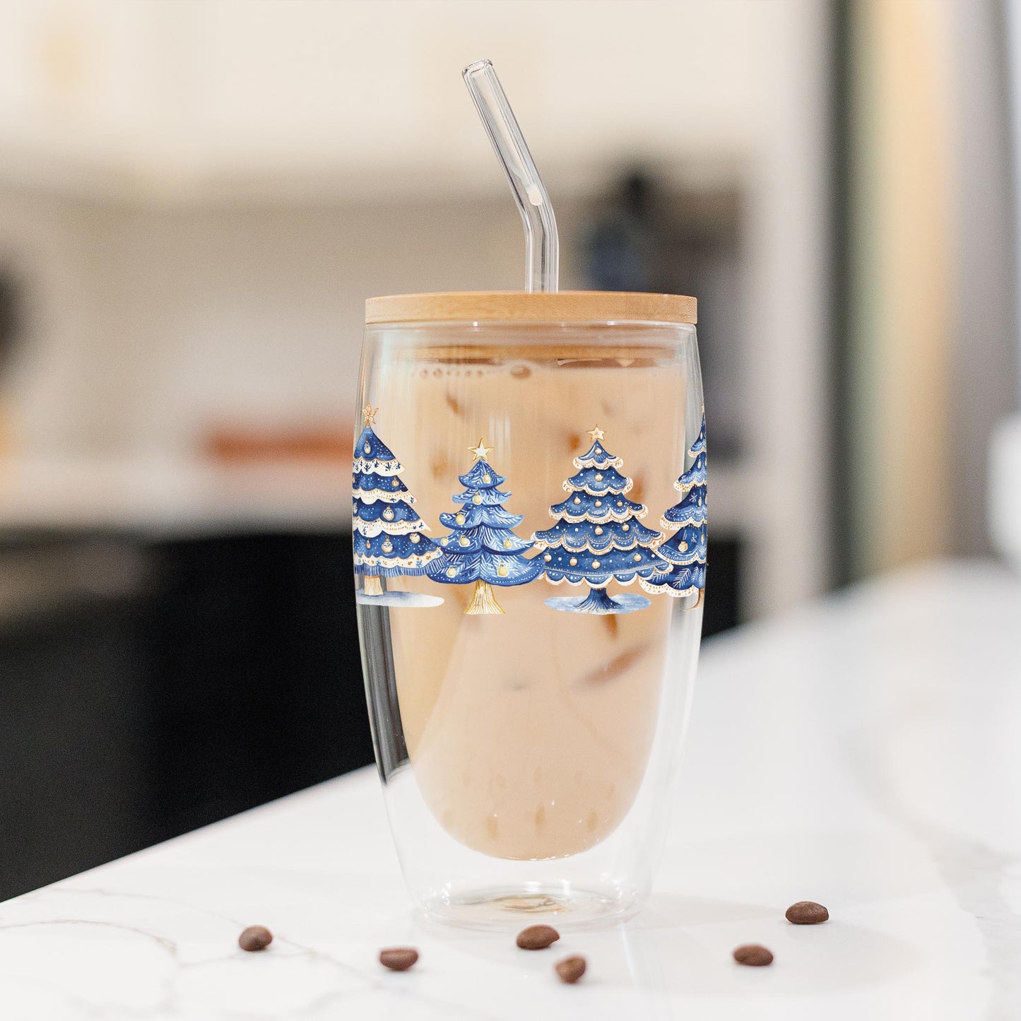 16oz Double Insulated Glass Tumbler-Blue Noel - A Grand Millennial Christmas -1