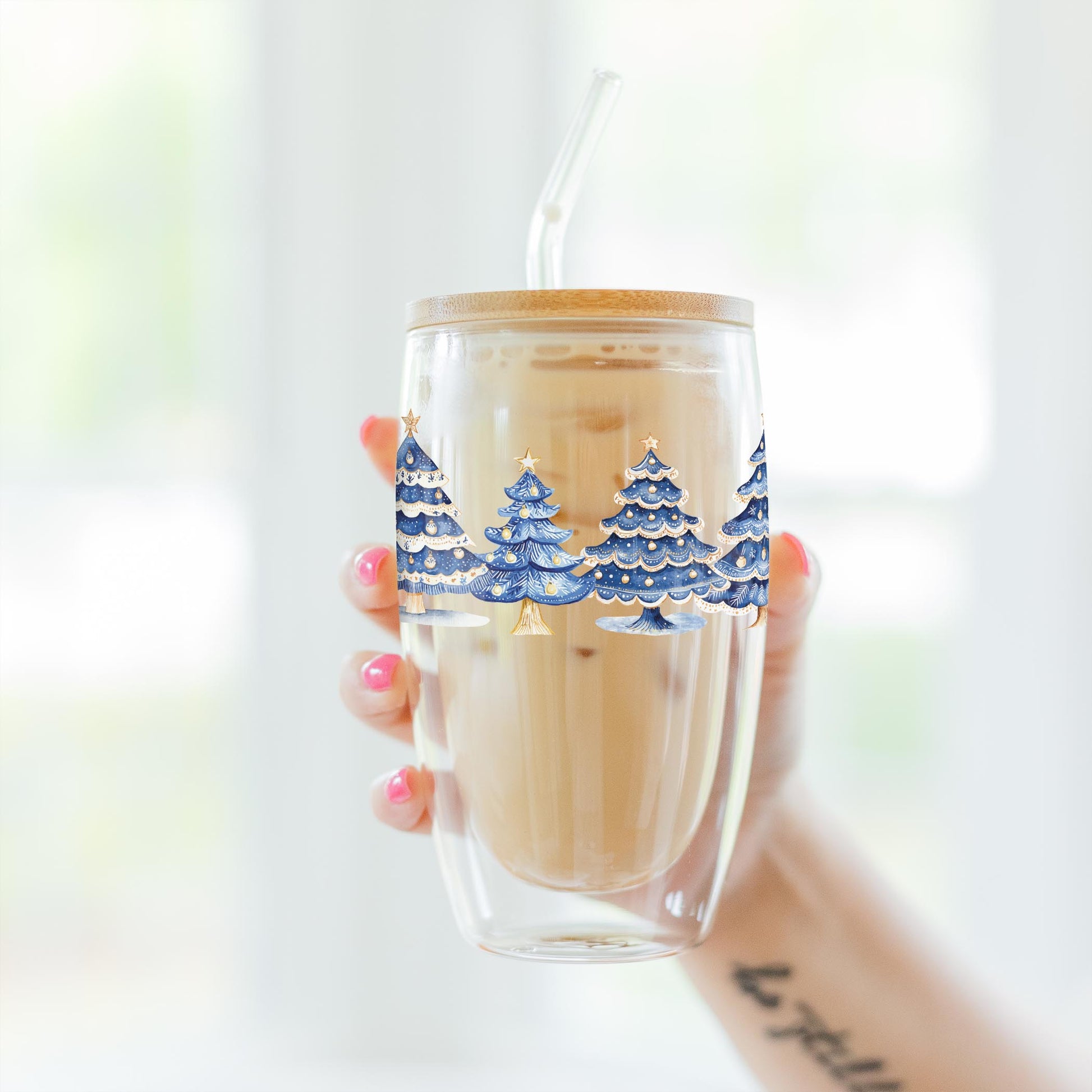 16oz Double Insulated Glass Tumbler-Blue Noel - A Grand Millennial Christmas -3