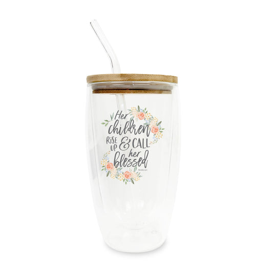 16oz Double Insulated Glass Tumbler-Her Children Call Her Blessed -0