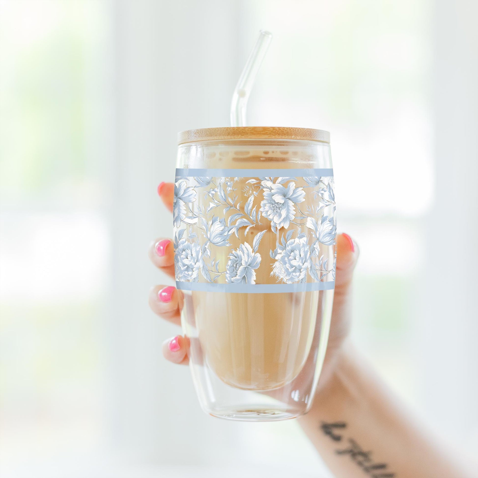 16oz Double Insulated Glass Tumbler-Chinoiserie Chic Floral Wispy Pattern -3