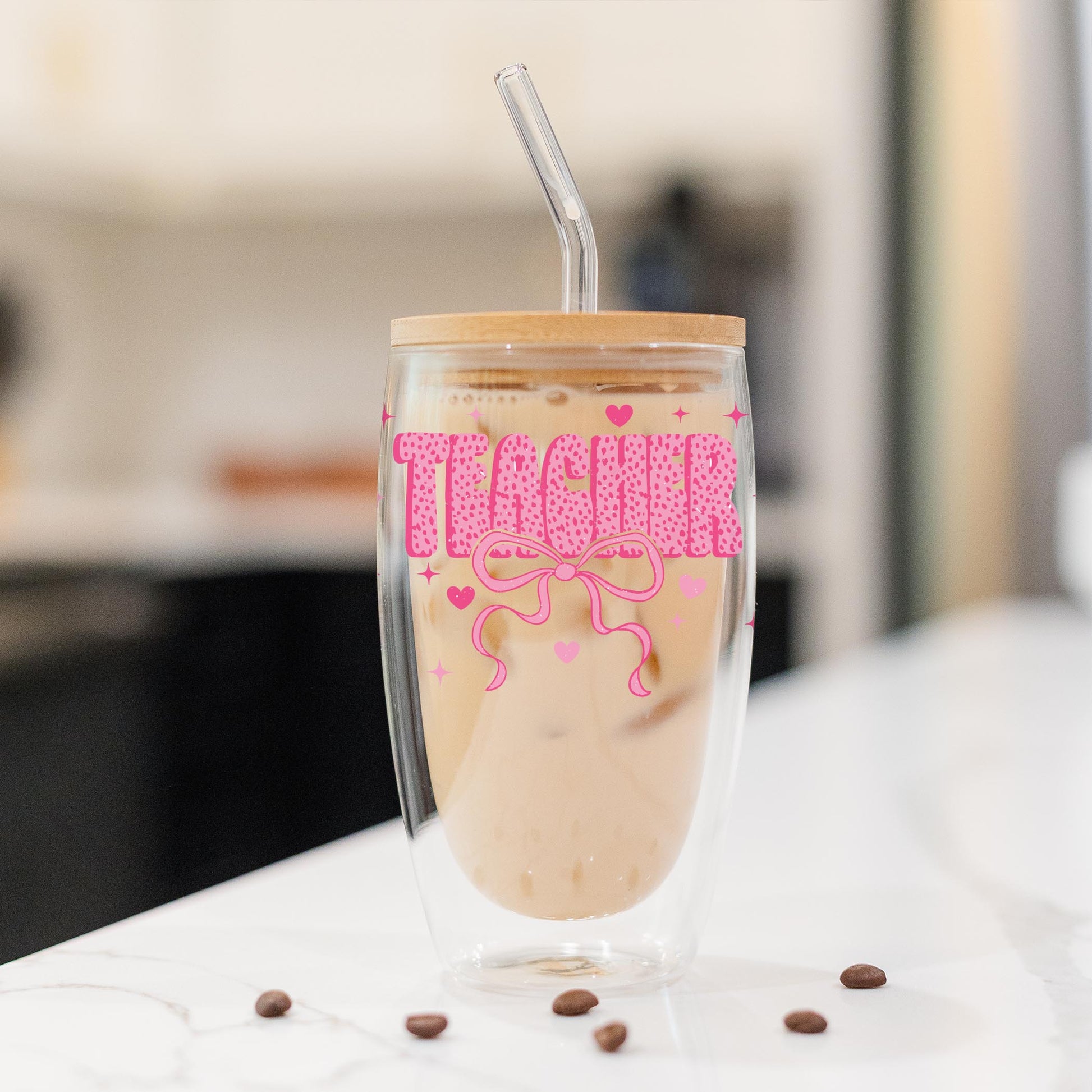 16oz Double Insulated Glass Tumbler-Classroom Coquette Teacher Hearts & Bow -1