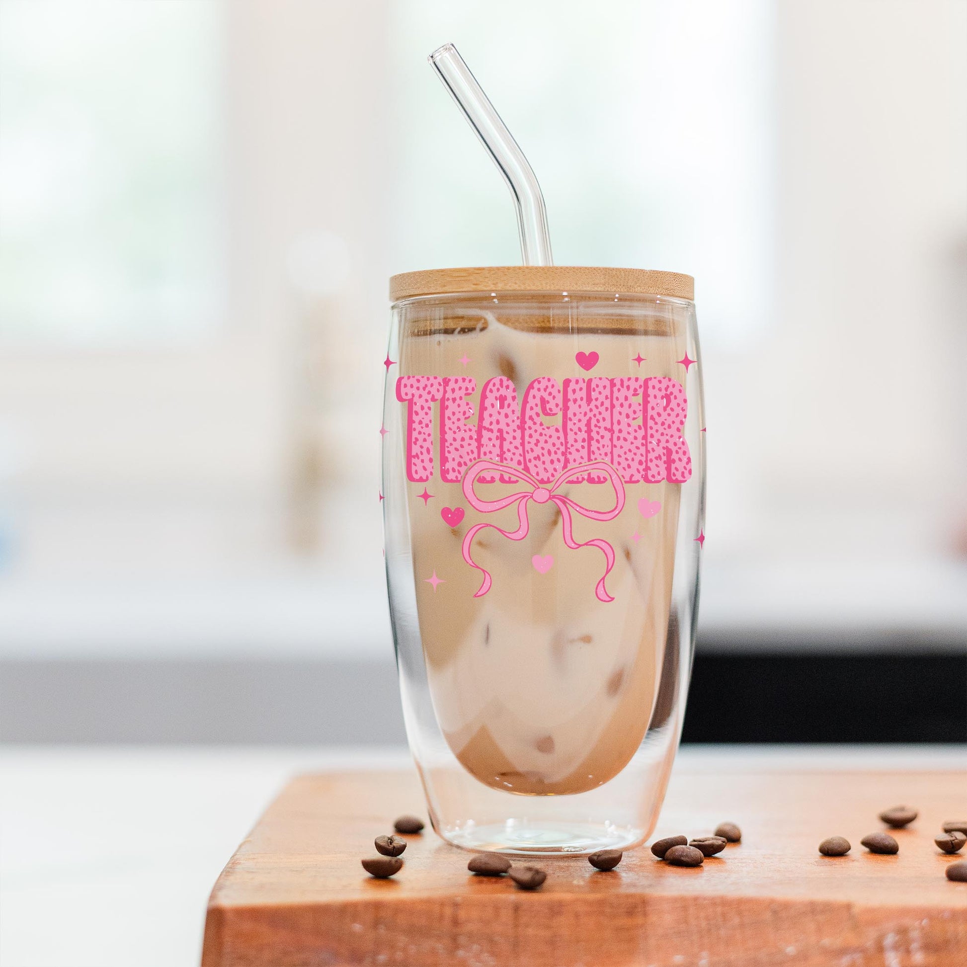 16oz Double Insulated Glass Tumbler-Classroom Coquette Teacher Hearts & Bow -2
