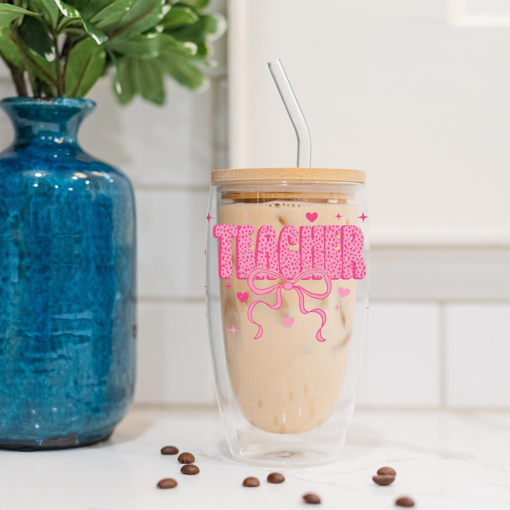 16oz Double Insulated Glass Tumbler-Classroom Coquette Teacher Hearts & Bow -4