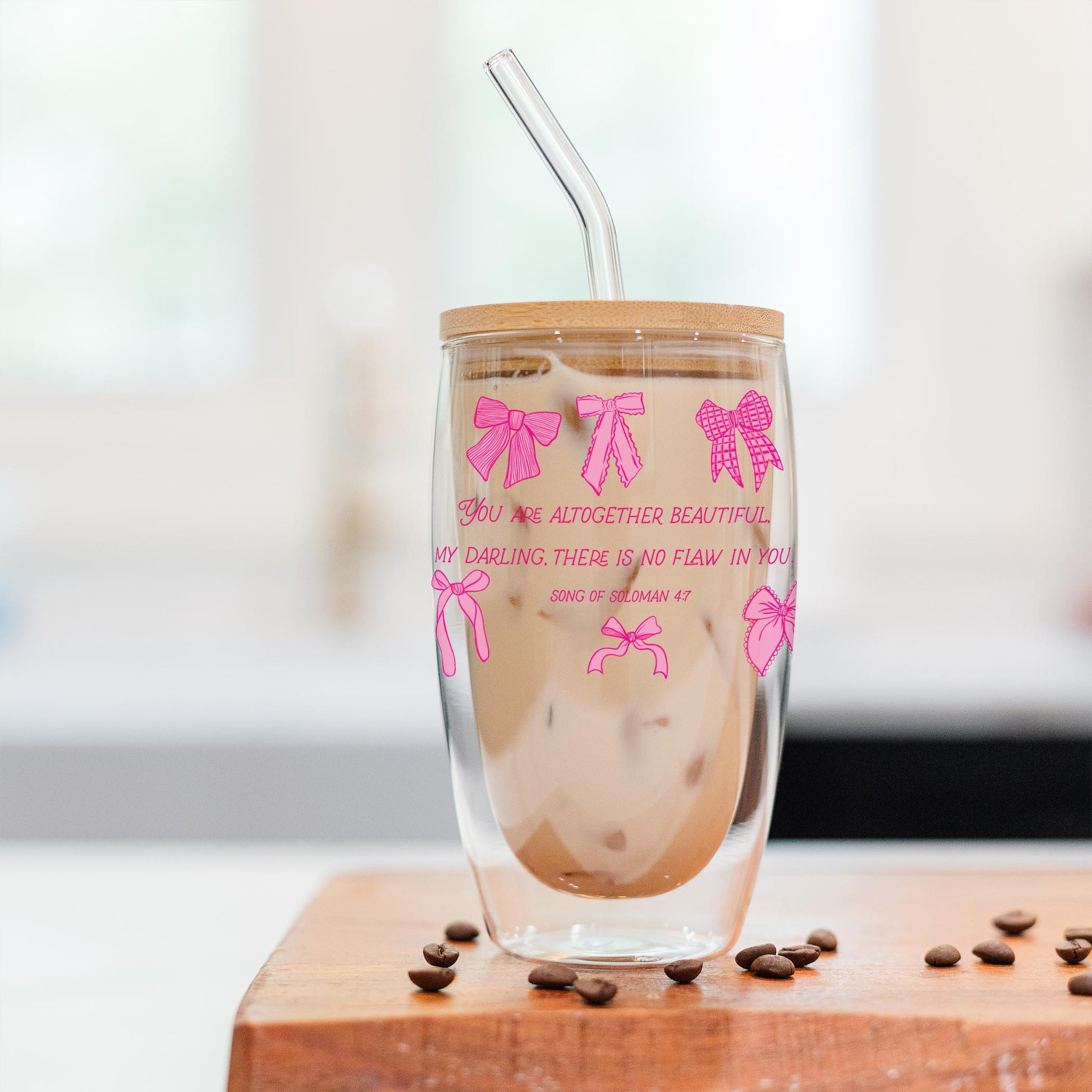 16oz Double Insulated Glass Tumbler-Inspirational Bows Pink Altogether Beautiful -2