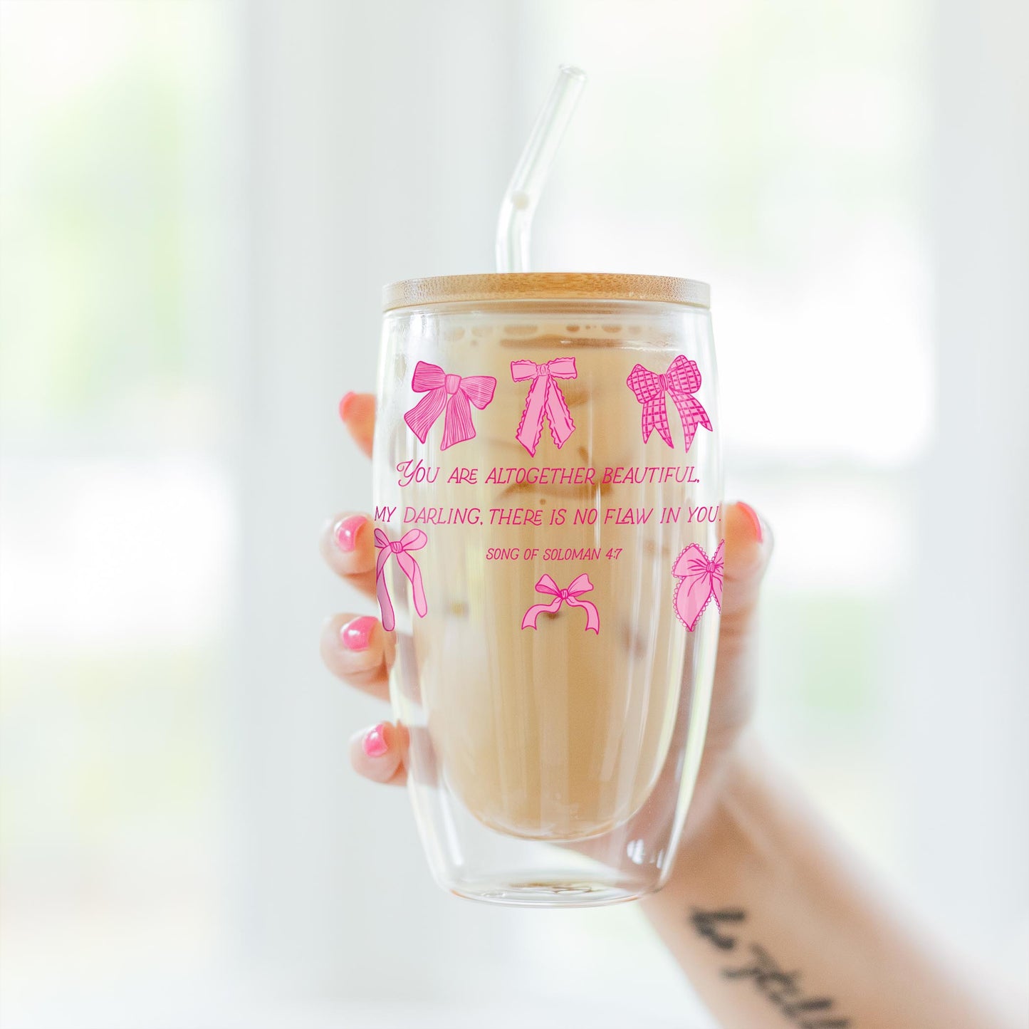 16oz Double Insulated Glass Tumbler-Inspirational Bows Pink Altogether Beautiful -3