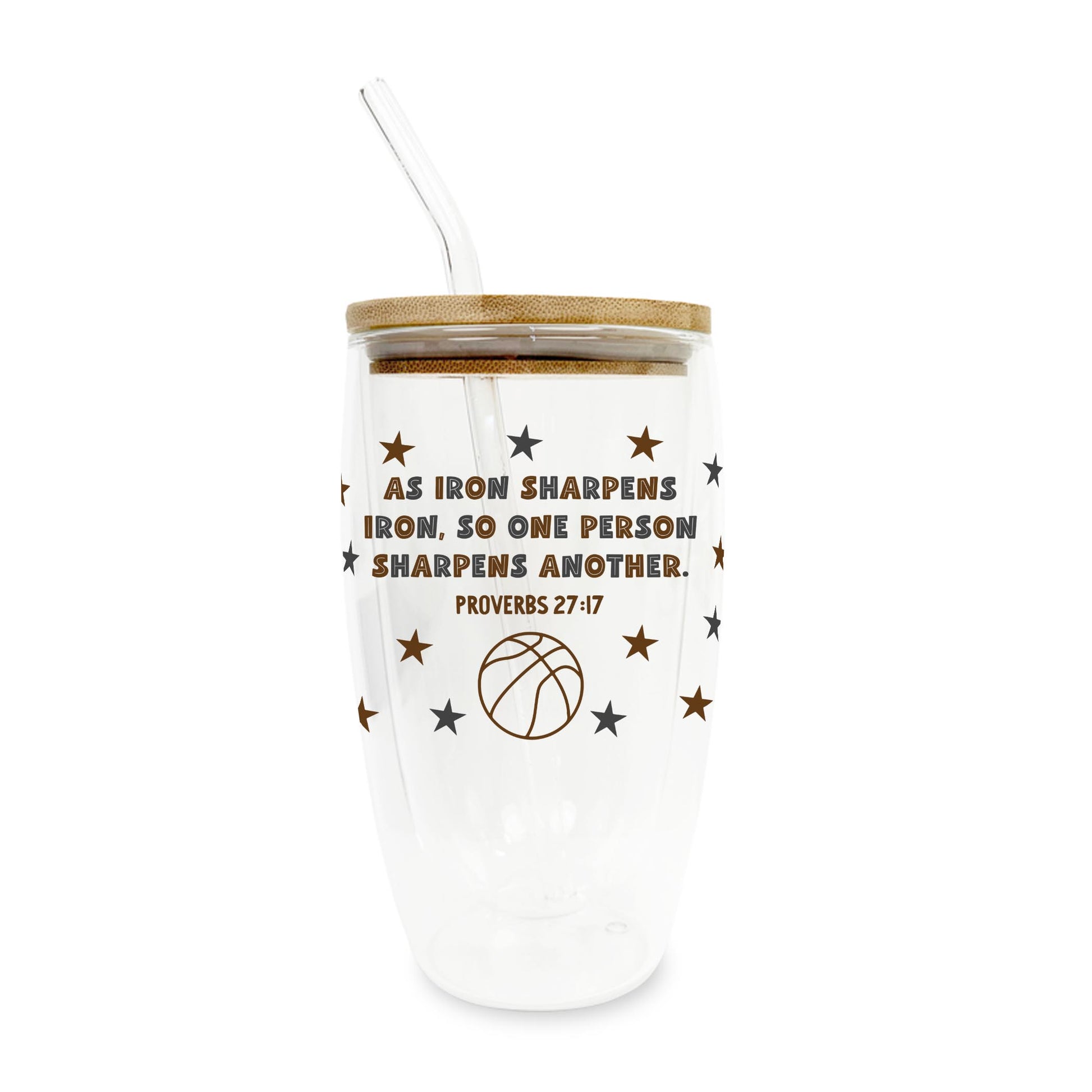 16oz Double Insulated Glass Tumbler-Game Day Basketball Iron Sharpens Iron -0