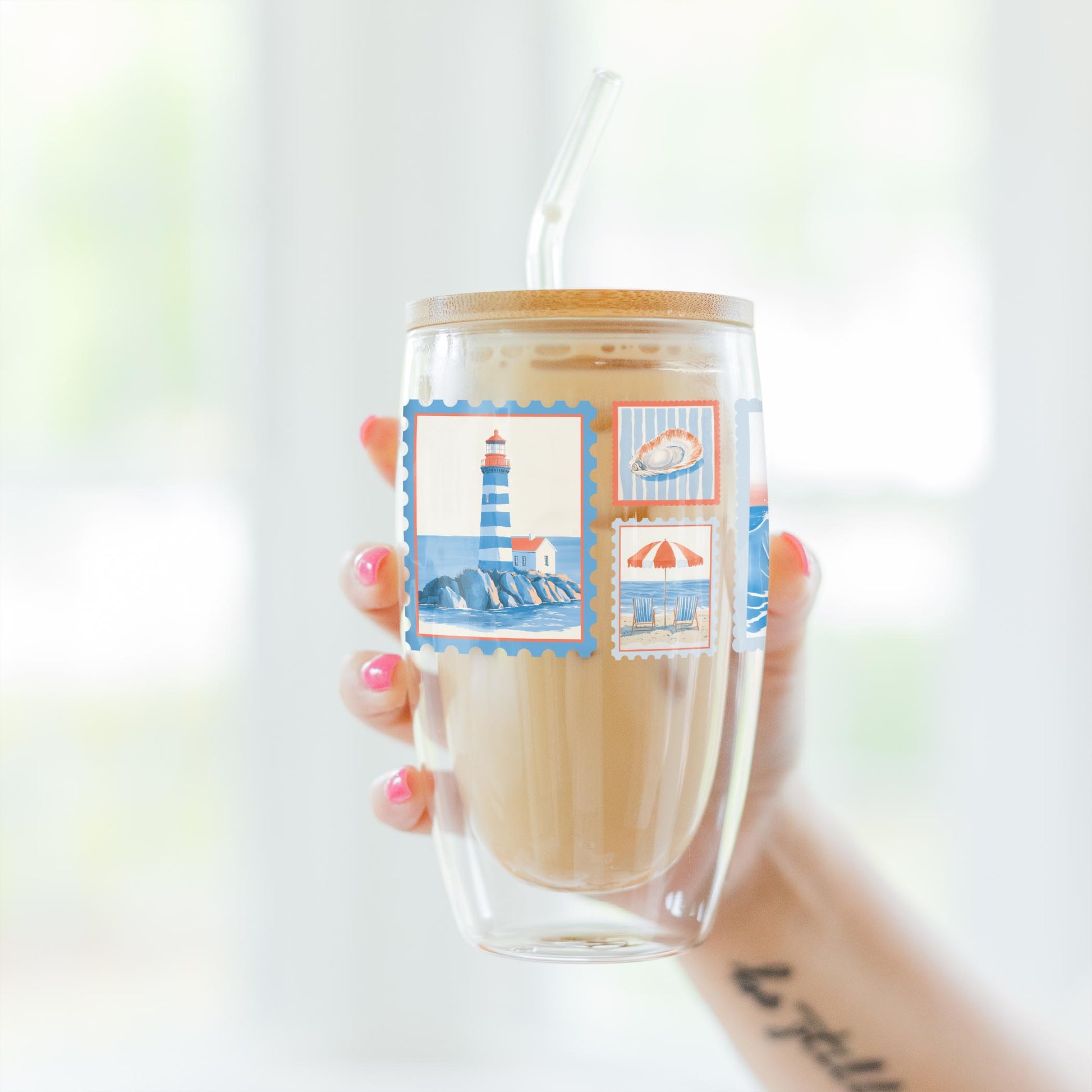 16oz Double Insulated Glass Tumbler-New England Tides Stamps -3