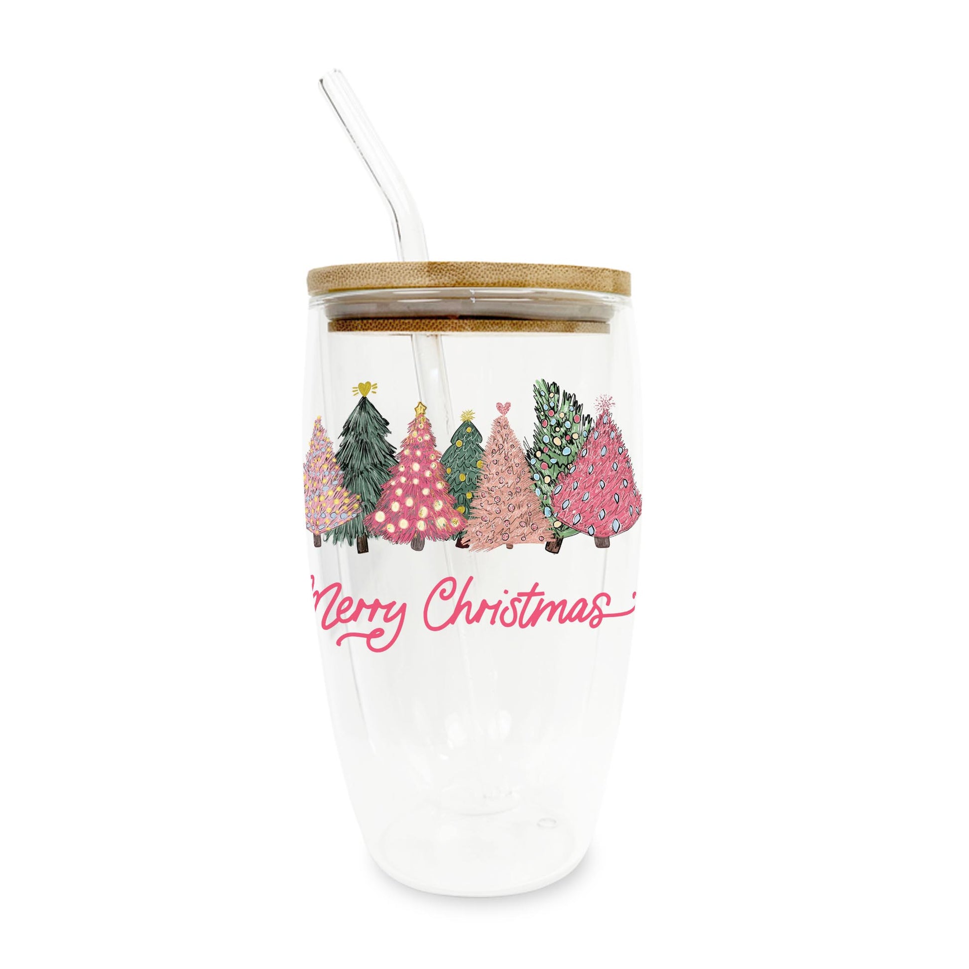 16oz Double Insulated Glass Tumbler-Pink Trees Merry Christmas -0