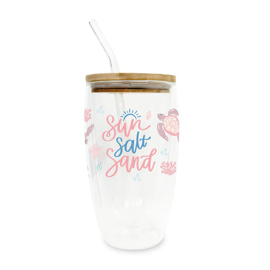 16oz Double Insulated Glass Tumbler-Coastal Sea Turtles Sun Salt Sand