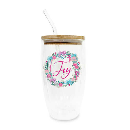 16oz Double Insulated Glass Tumbler-Watercolor Sugar Plum Joy Wreath -0