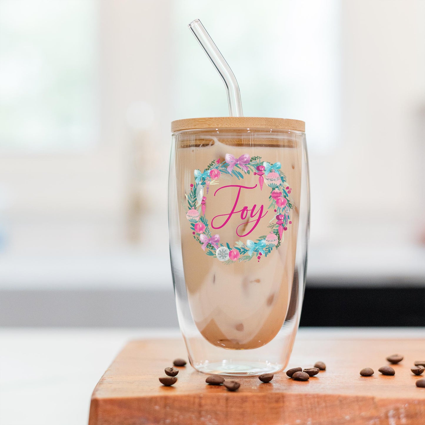 16oz Double Insulated Glass Tumbler-Watercolor Sugar Plum Joy Wreath -2