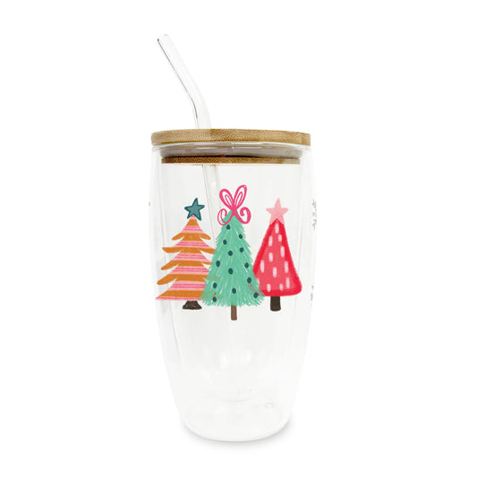 16oz Double Insulated Glass Tumbler-Trees & Snowflakes