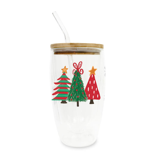 16oz Double Insulated Glass Tumbler-Whimsy Wonderland Traditional Trees