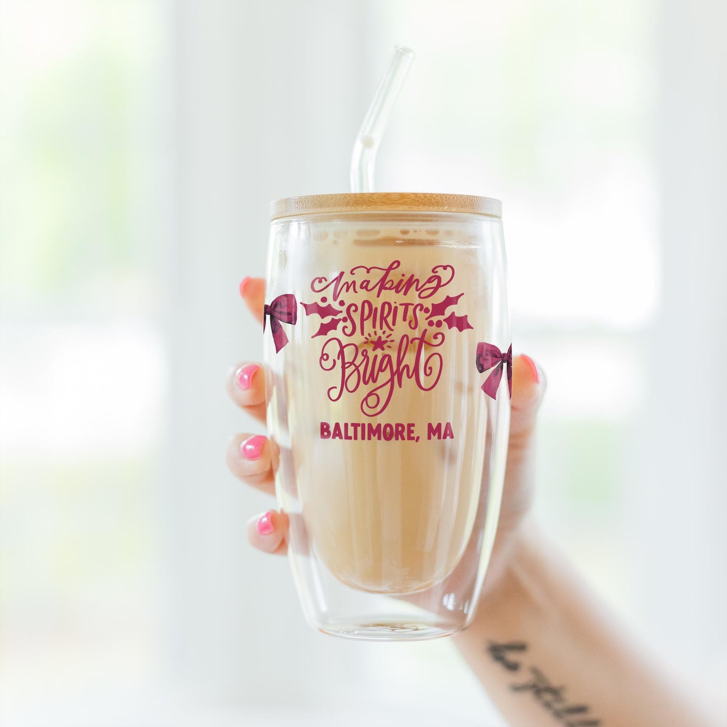 16oz Double Insulated Glass Tumbler-Love + Local Winterberry -3