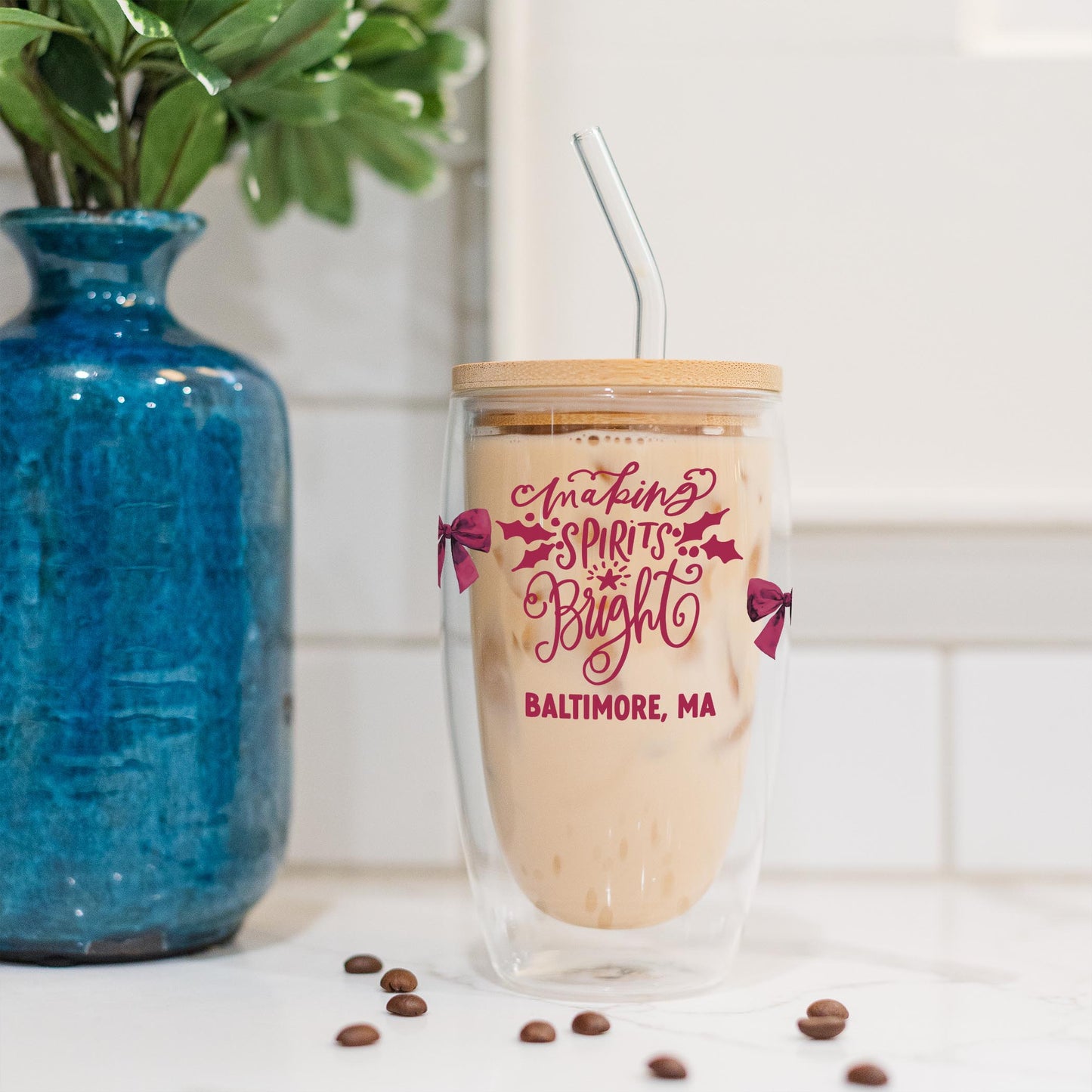 16oz Double Insulated Glass Tumbler-Love + Local Winterberry -4