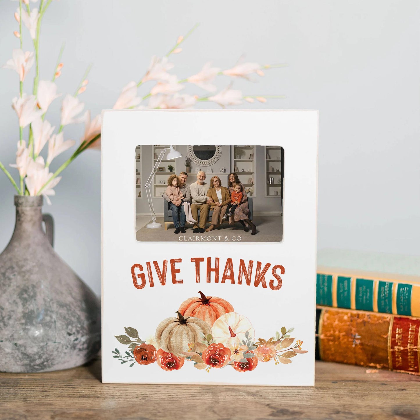 Lily Frame Vertical-Give Thanks Floral Pumpkin