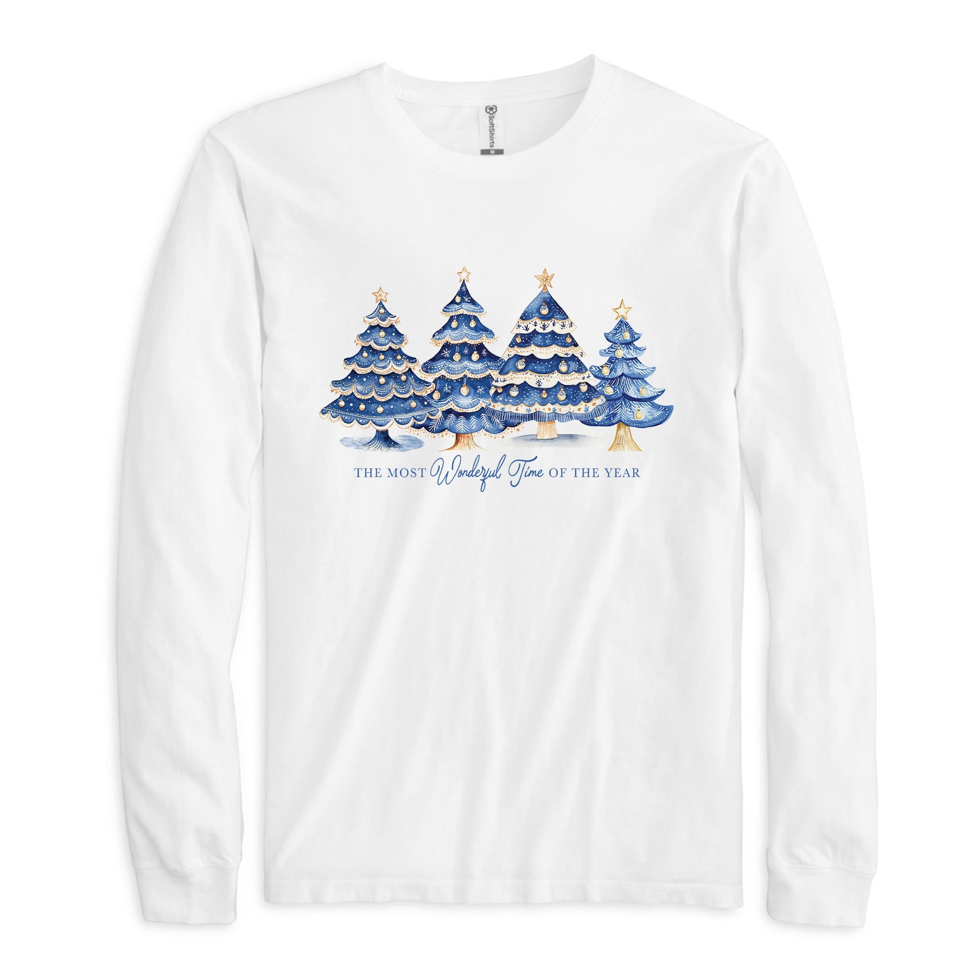 Long Sleeve T-Shirt White-Blue Noel - A Grand Millennial Christmas -0
