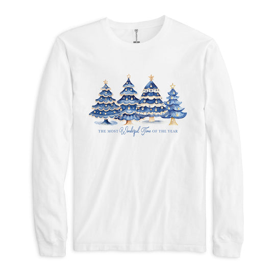 Long Sleeve T-Shirt White-Blue Noel - A Grand Millennial Christmas -0