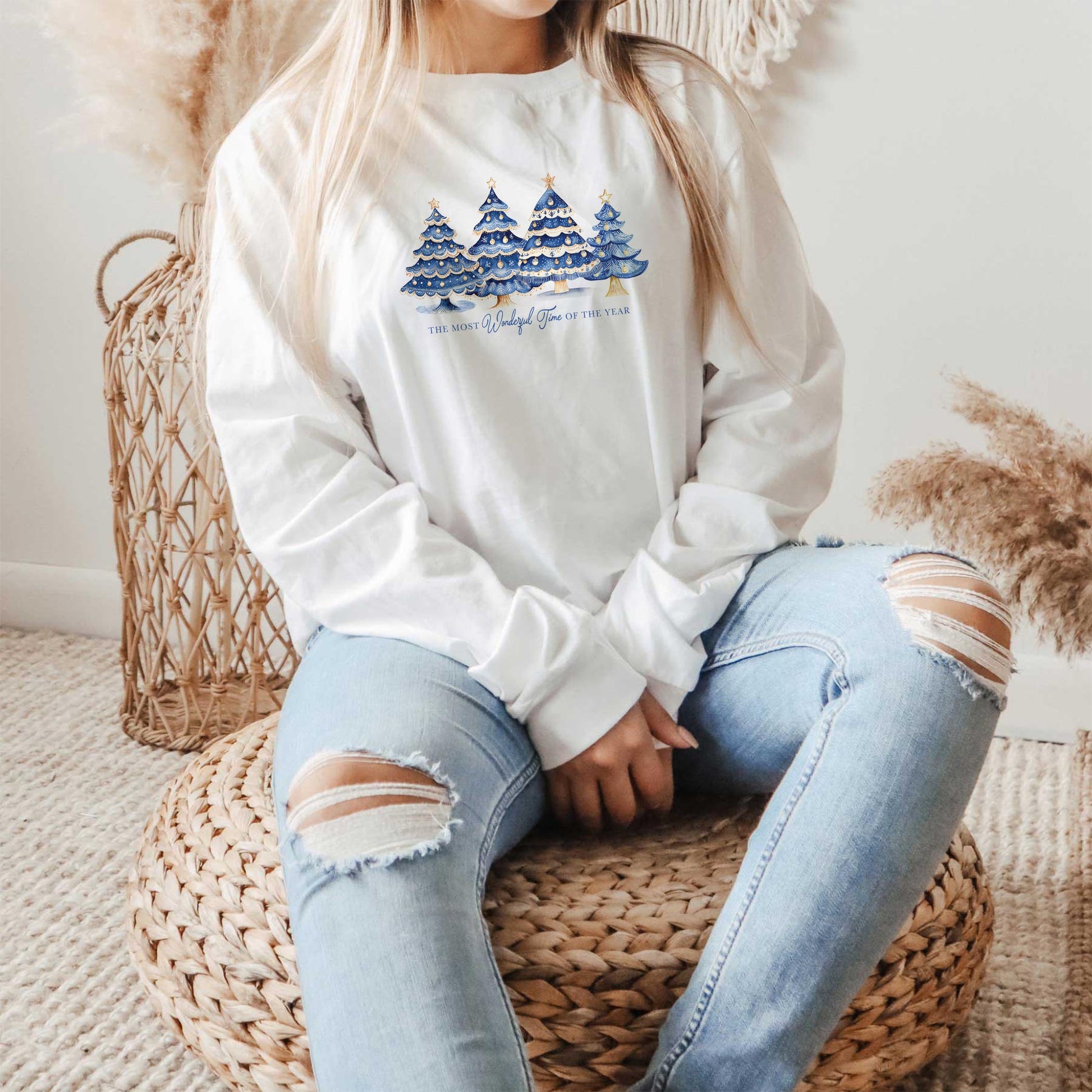 Long Sleeve T-Shirt White-Blue Noel - A Grand Millennial Christmas -1