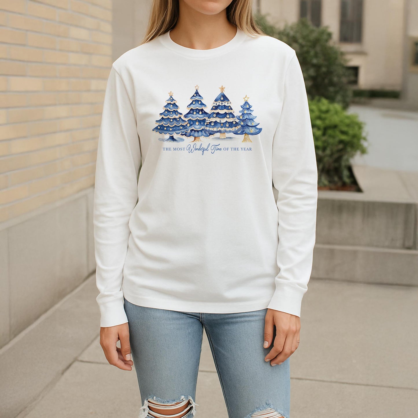 Long Sleeve T-Shirt White-Blue Noel - A Grand Millennial Christmas -2