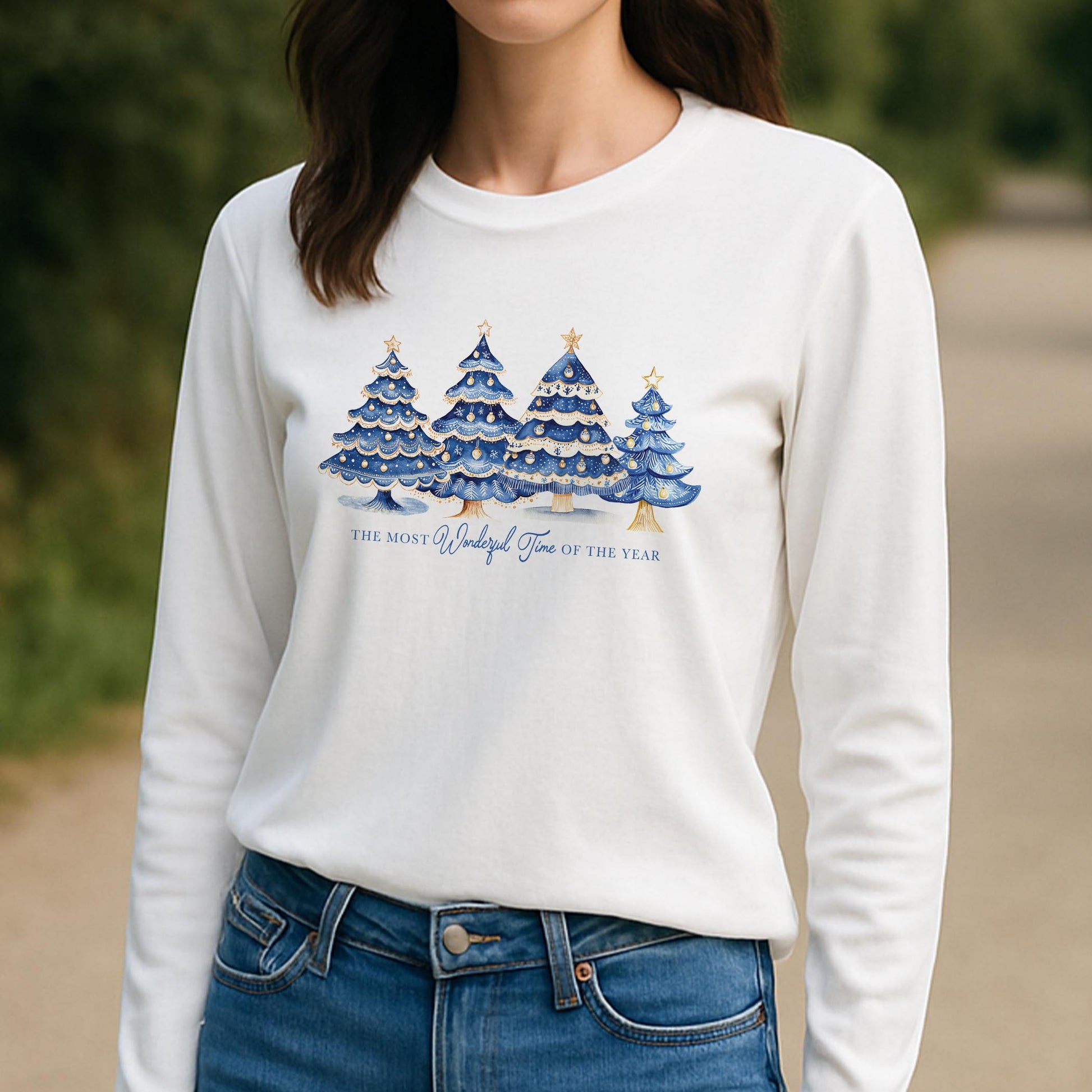 Long Sleeve T-Shirt White-Blue Noel - A Grand Millennial Christmas -3