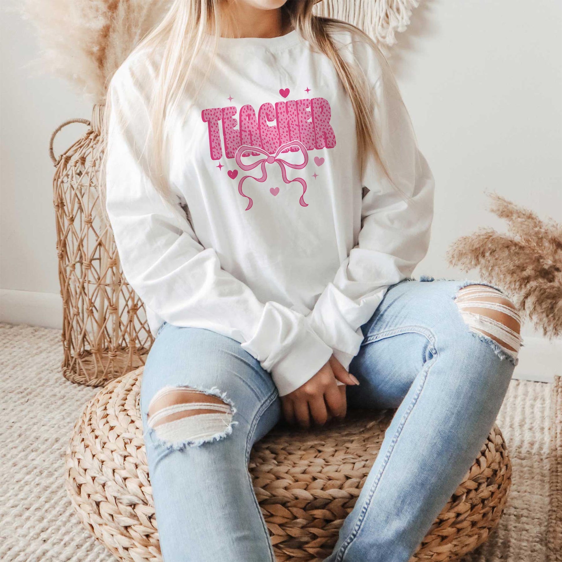 Long Sleeve T-Shirt White-Classroom Coquette Teacher Hearts & Bow -1