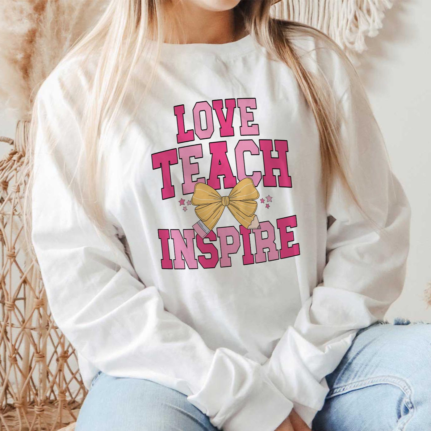 Long Sleeve T-Shirt White-Classroom Coquette Love Teach Inspire -1