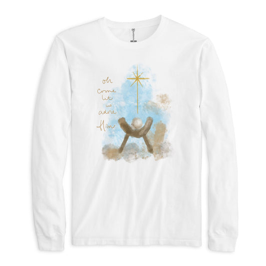 Long Sleeve T-Shirt White-Let Us Adore Him Watercolor Manger
