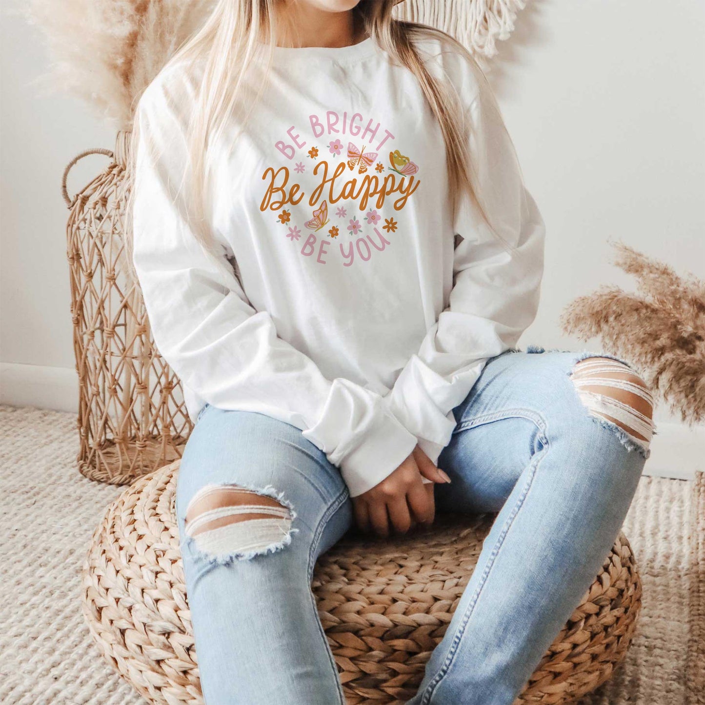 Long Sleeve T-Shirt White-Spring Be Bright Be Happy