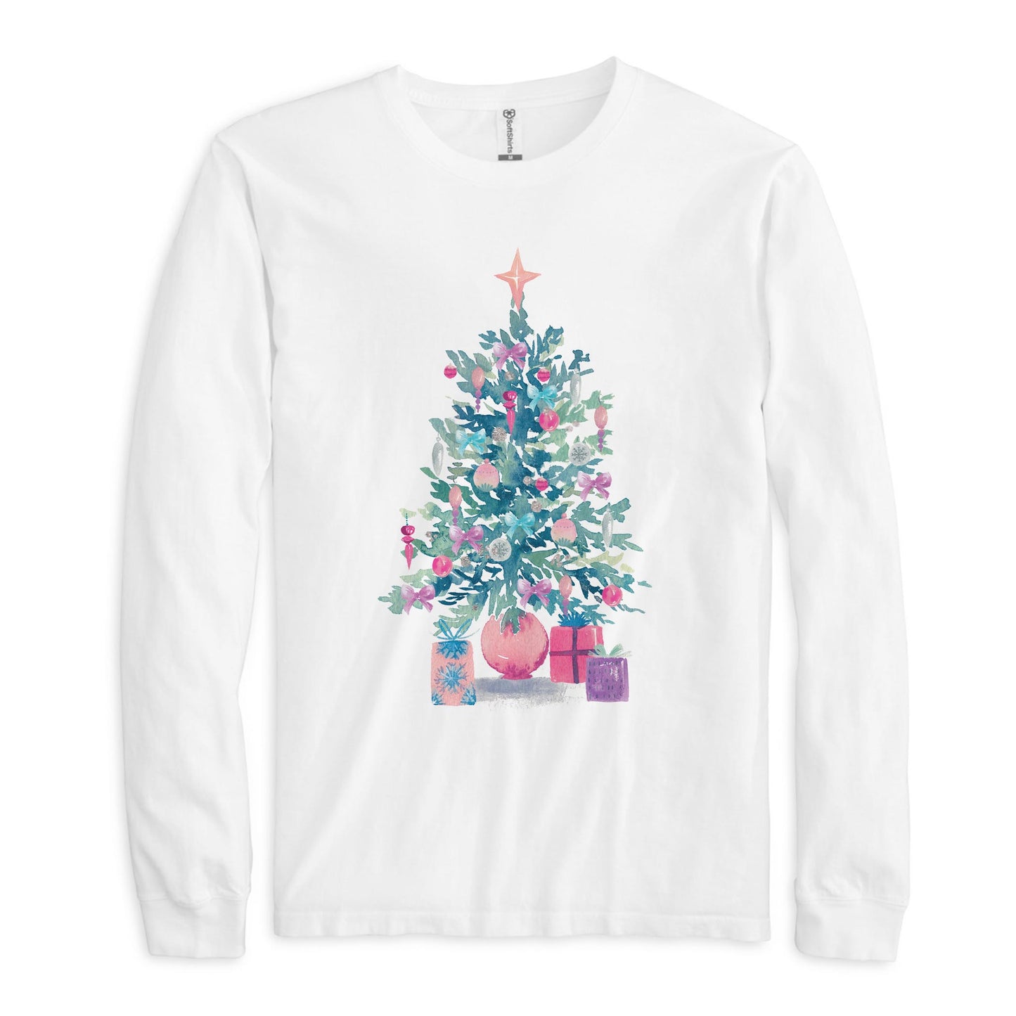 Long Sleeve T-Shirt White-Watercolor Sugar Plum Christmas Tree -0