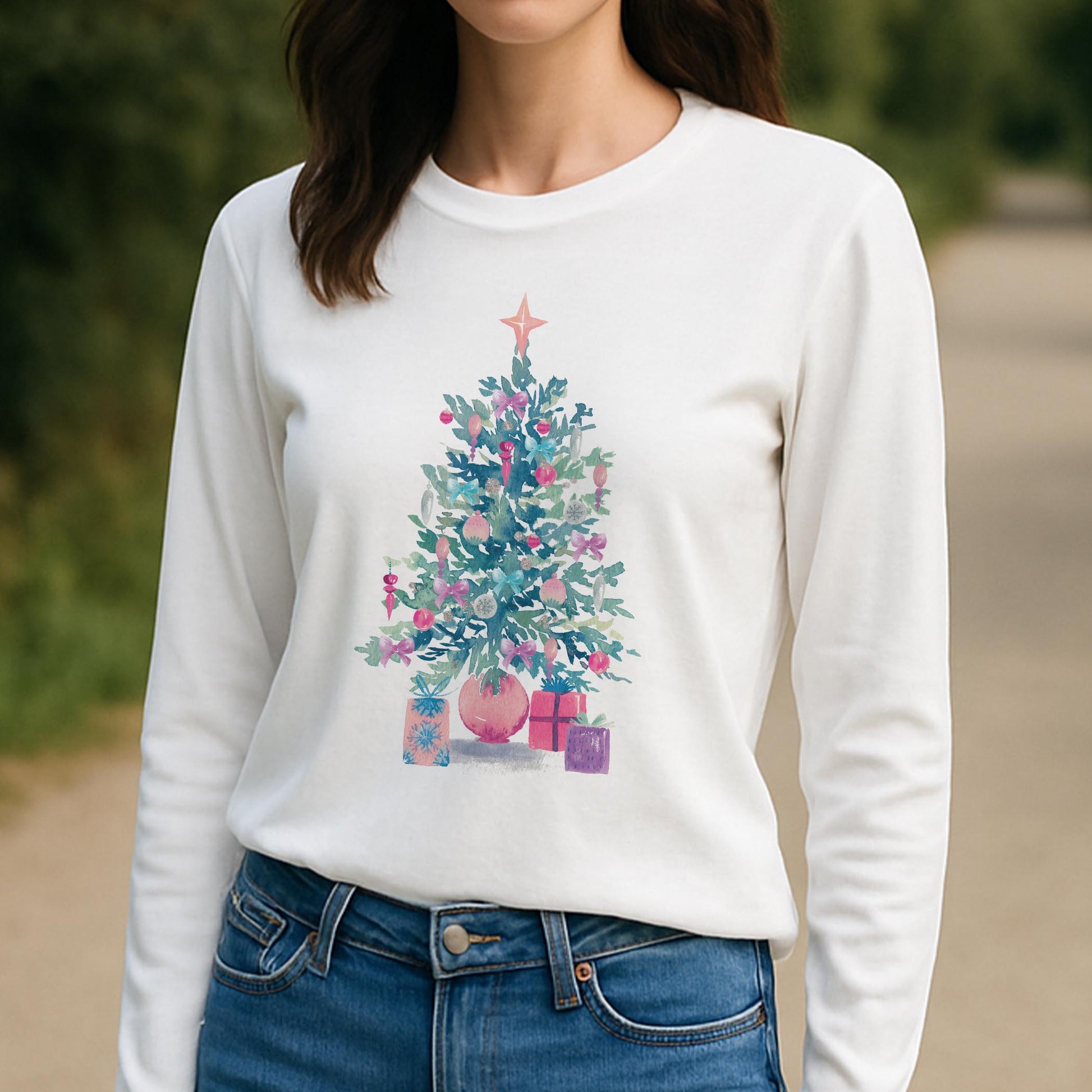 Long Sleeve T-Shirt White-Watercolor Sugar Plum Christmas Tree -3