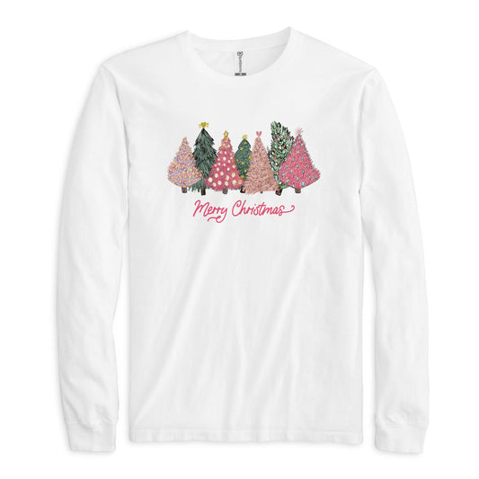 2XL Long Sleeve T-Shirt White-Pink Trees Merry Christmas