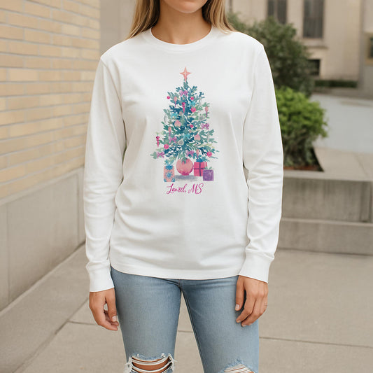 Long Sleeve T-Shirt White-Watercolor Sugar Plum Christmas Tree -2