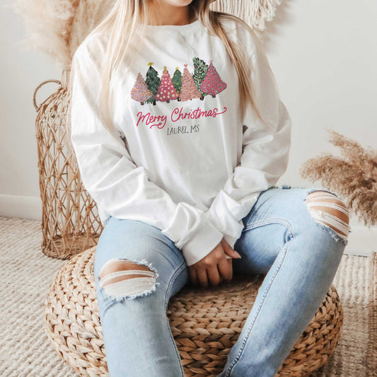 Love+Local Graphic Long Sleeve T-Shirt | Pink Christmas Trees