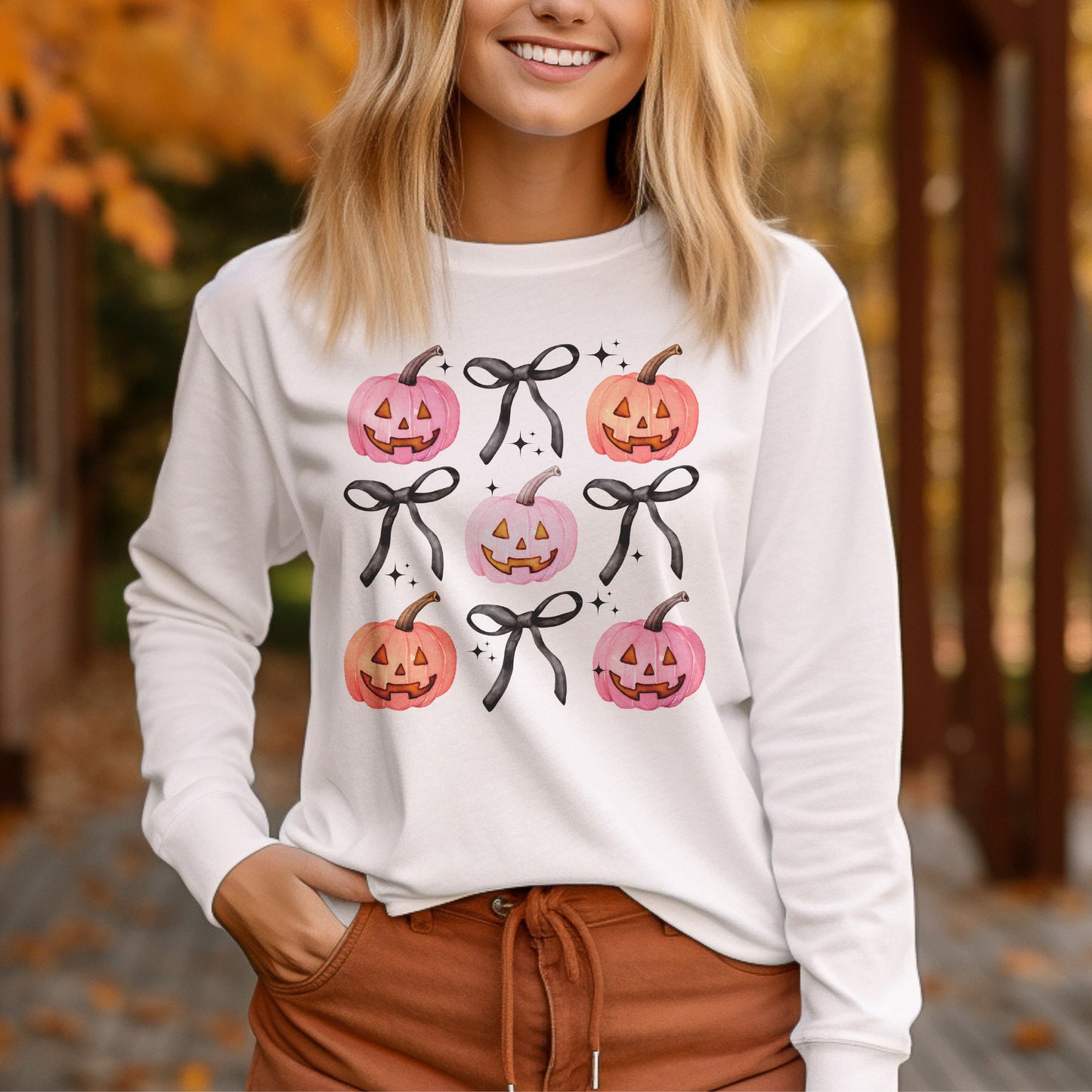 Long Sleeve T-Shirt White-Halloween Pumpkins and Bows