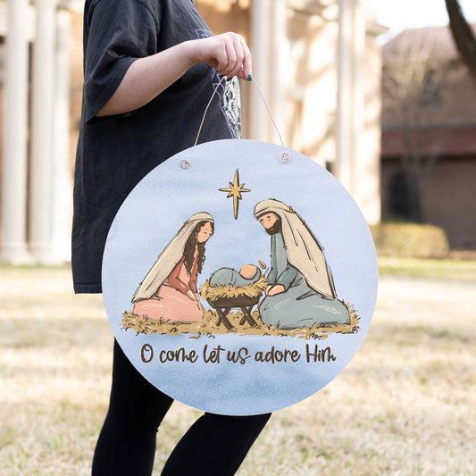 Door Hanger - Kneeling Nativity Let Us Adore Him