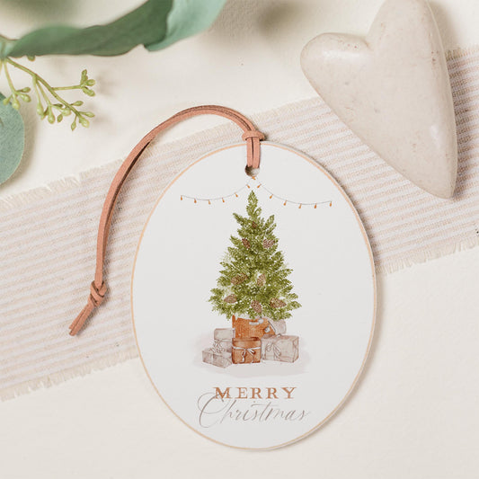 Oval Ornament-Cottage Tree Merry Christmas