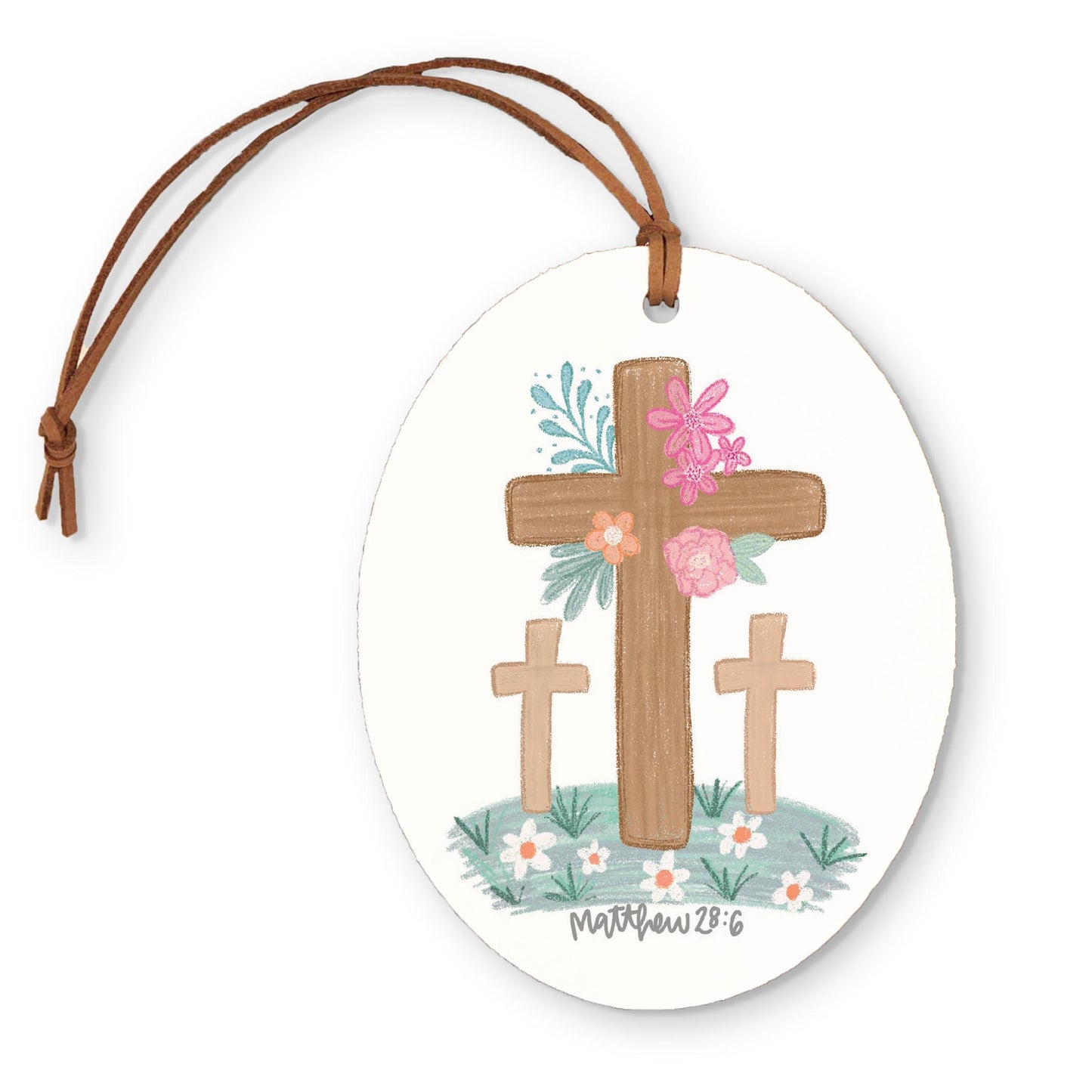 Oval Ornament-Floral Cross Matthew 28:6