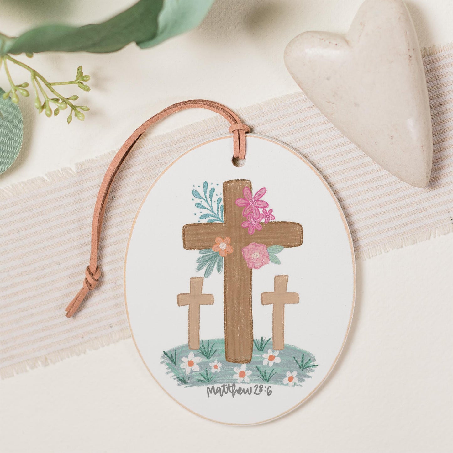 Oval Ornament-Floral Cross Matthew 28:6