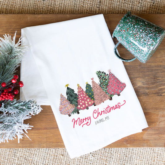 Love+Local Cotton Tea Towel | Pink Christmas Trees