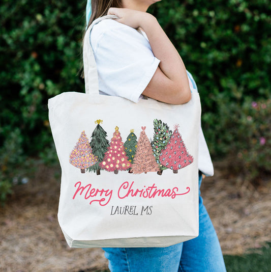 Love+Local Canvas Tote Bag | Pink Christmas Trees