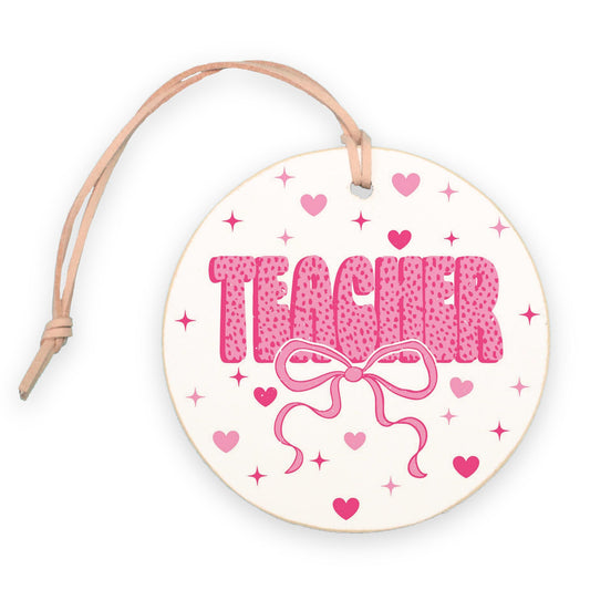 4" Round Ornament-Classroom Coquette Teacher Hearts & Bow -0