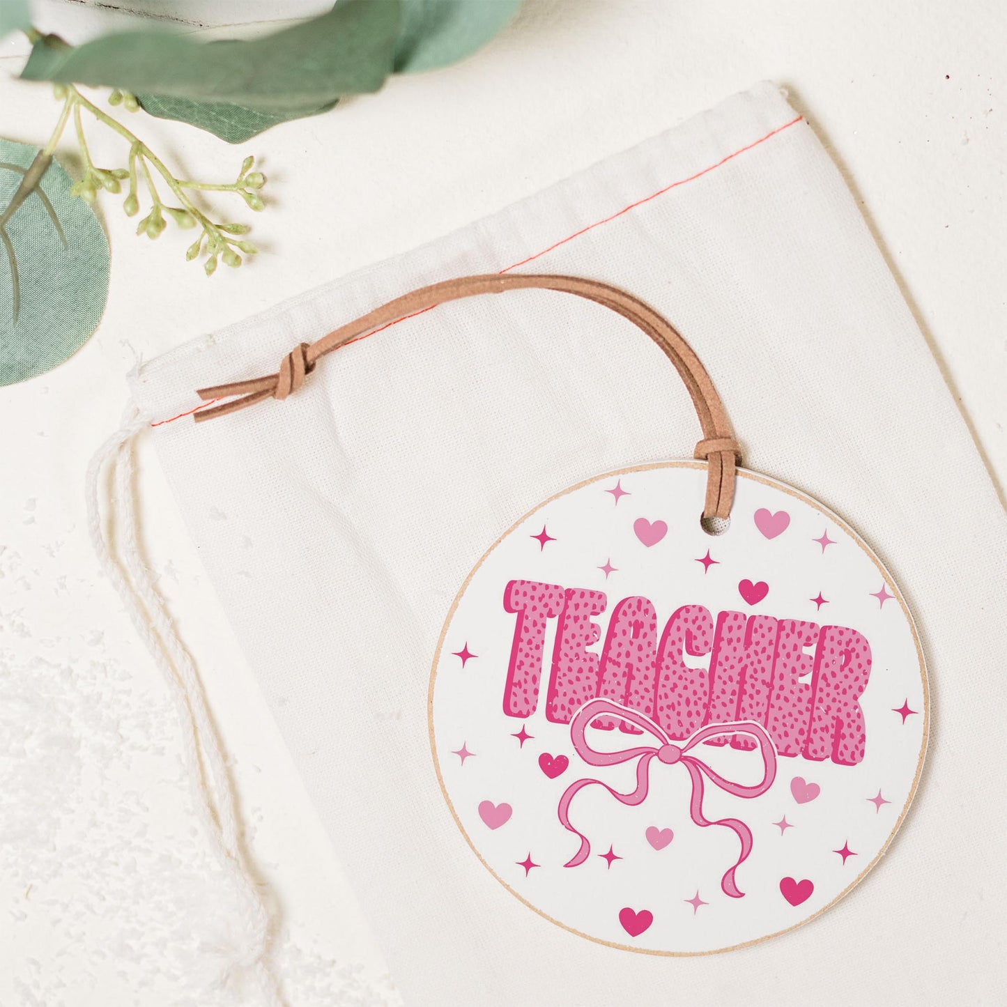 4" Round Ornament-Classroom Coquette Teacher Hearts & Bow -1
