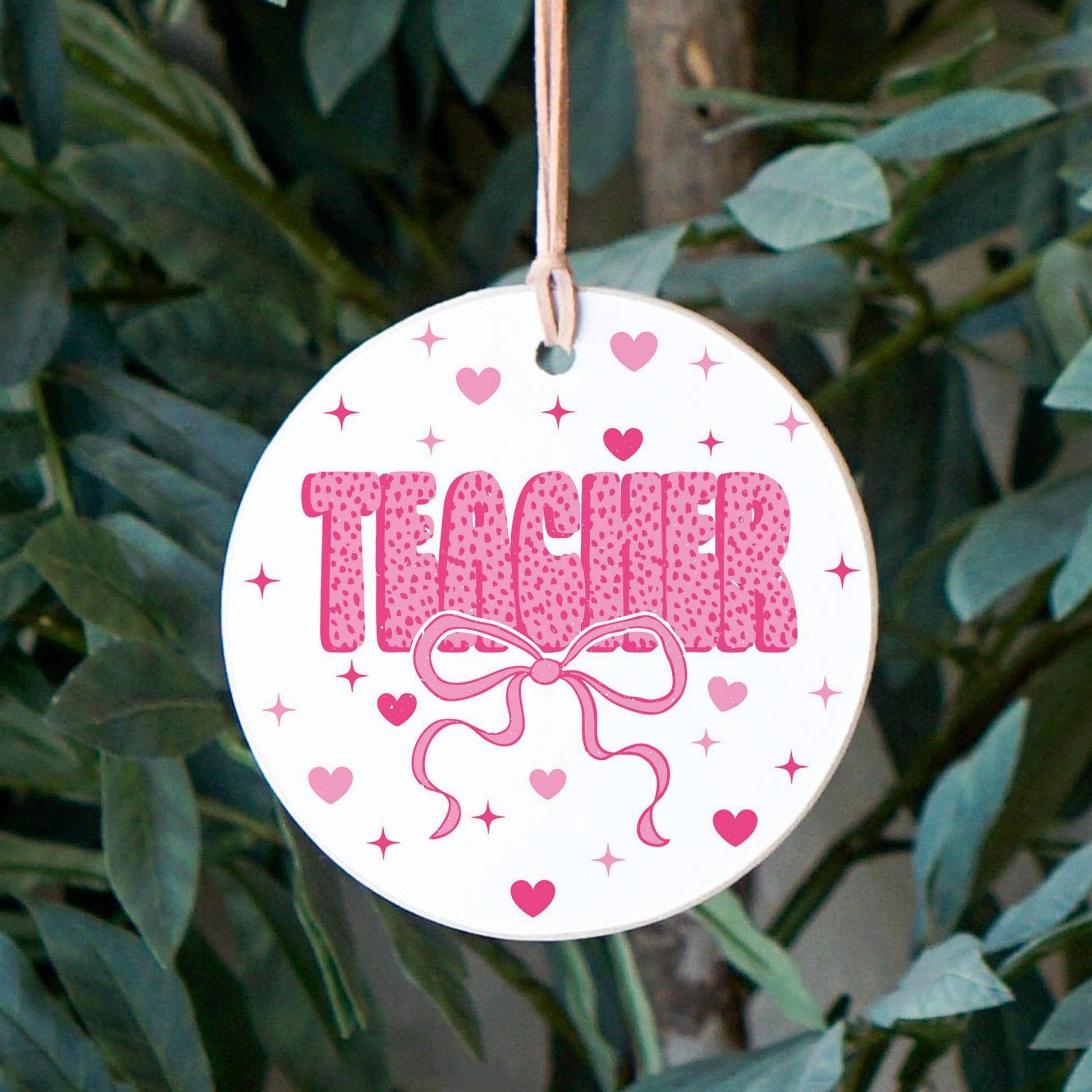 4" Round Ornament-Classroom Coquette Teacher Hearts & Bow -2