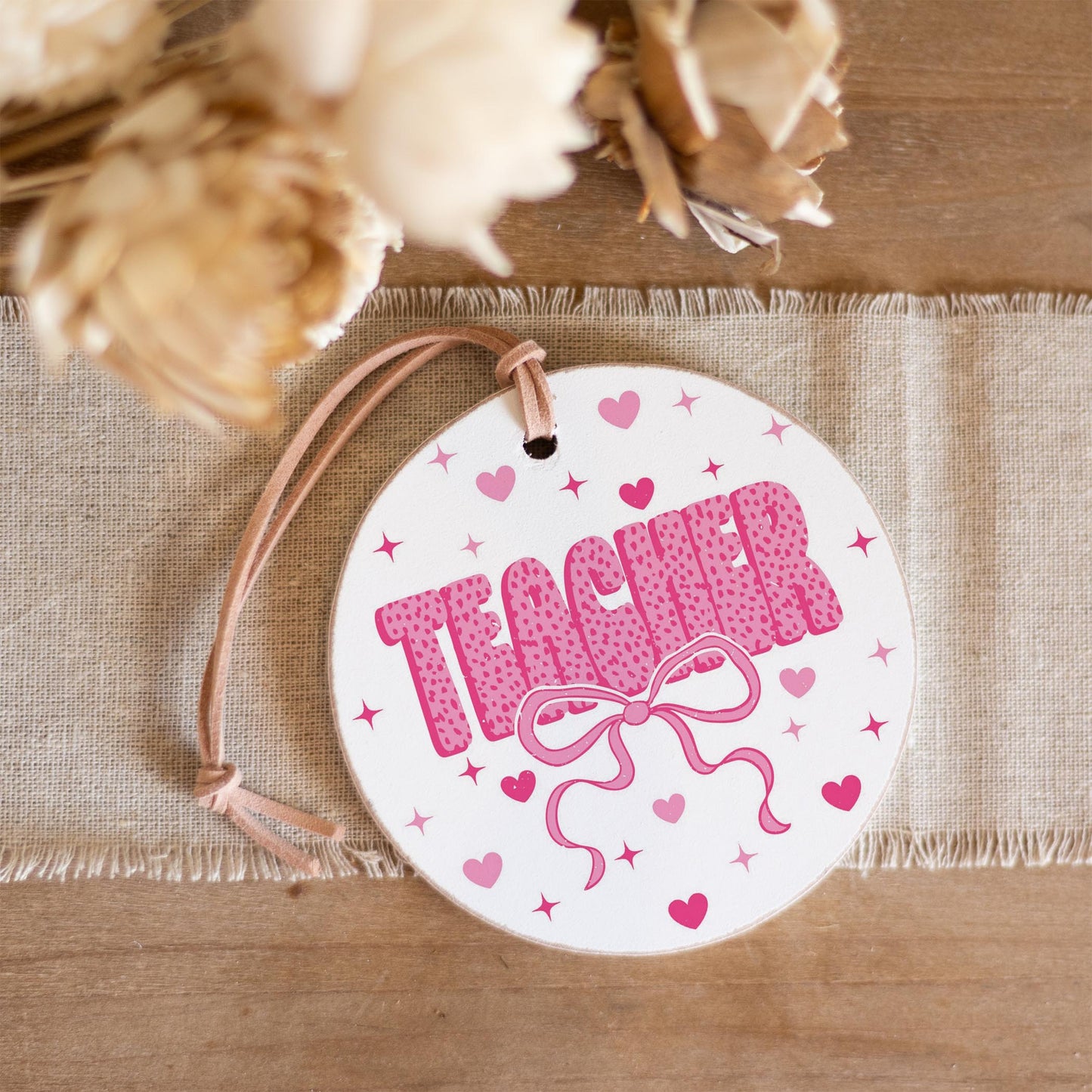 4" Round Ornament-Classroom Coquette Teacher Hearts & Bow -3