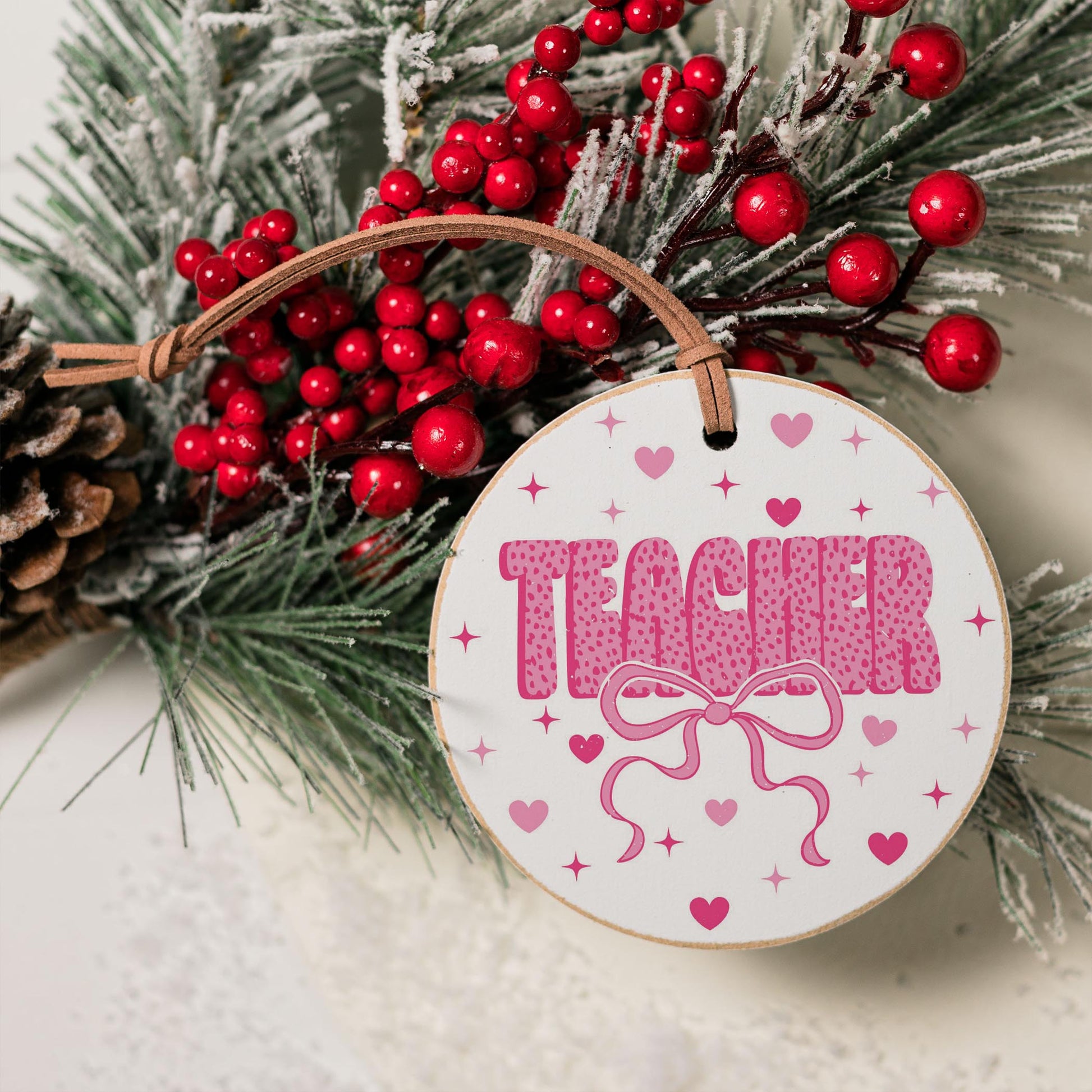 4" Round Ornament-Classroom Coquette Teacher Hearts & Bow -4
